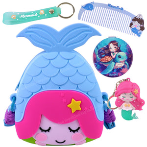 Toyshine Mermaid Shape silicone Purse for Girls Stylish Cross Body Bag with Adjustable Strap with Compact Mirror, Comb and Keychain Included - Blue