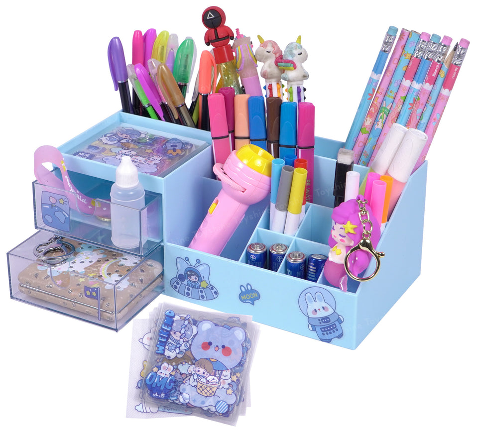 Toyshine Multi-Functional Desk Drawer Organizer Storage Box inbuilt 9 Compartments and 2 Drawers with Kawaii Sticker Sheets - Blue