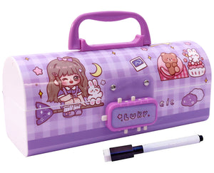 Toyshine Pencil Box with Code Lock Pen Case Large Capacity Multi-Layer Multi-Function Storage Bag Secret Compartment Pencil Box - Luky Bear Purple