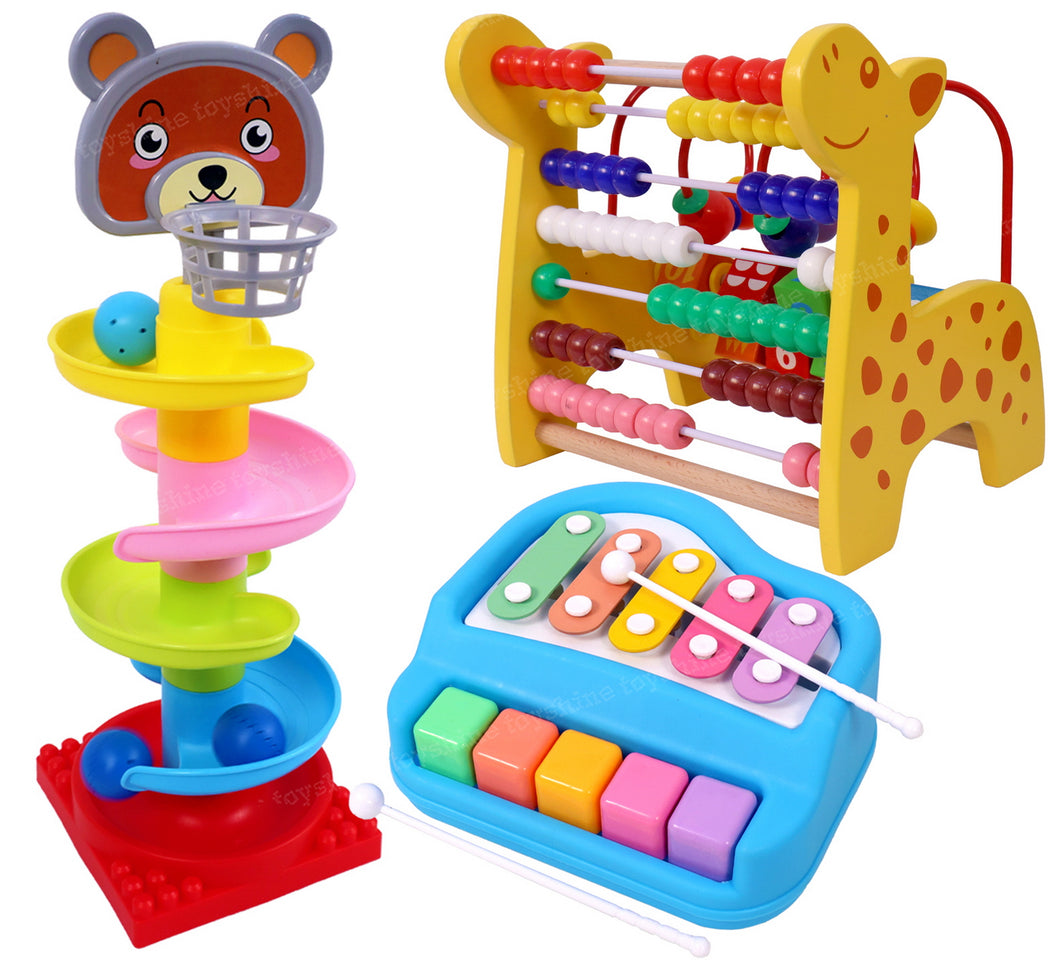 Toyshine Combo Pack of 3 Toys | Drop Roll Tower, Wooden Abacus, Xylophone