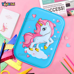 Toyshine Blue Heart Unicorn Hardtop Pencil Case with Compartments - Kids Large Capacity School Supply Organizer Students Stationery Box - Girls Pen Pouch- Blue