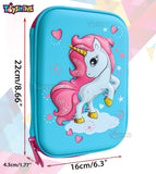 Toyshine Blue Heart Unicorn Hardtop Pencil Case with Compartments - Kids Large Capacity School Supply Organizer Students Stationery Box - Girls Pen Pouch- Blue