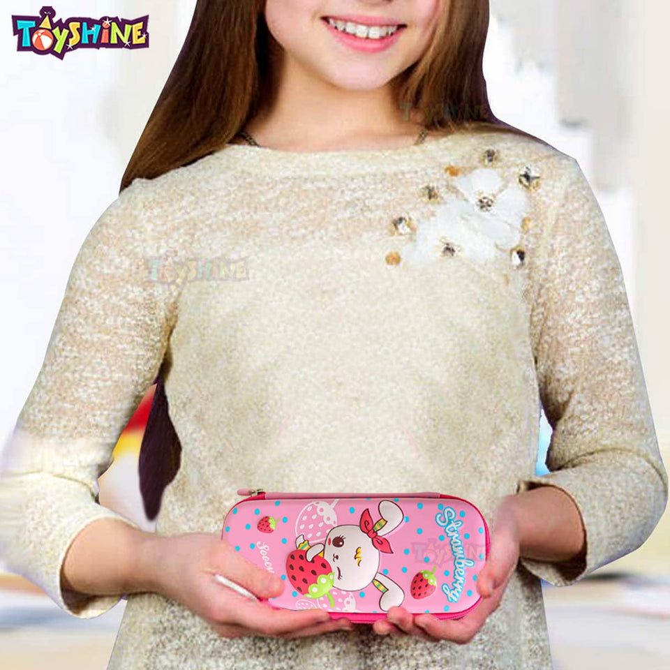 Toyshine Strawberry Pink Hardtop Pencil Case with Multiple Compartments - Kids School Supply Organizer Students Stationery Box - Girls Pen Pouch- Pink