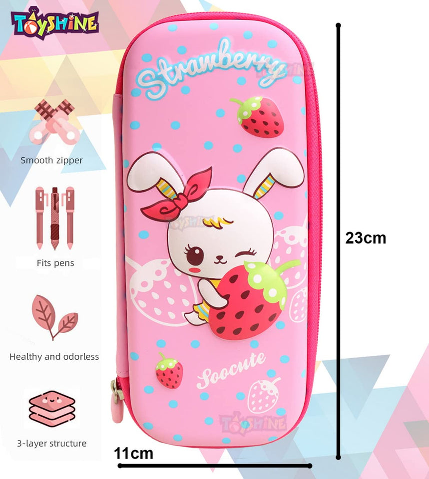 Toyshine Strawberry Pink Hardtop Pencil Case with Multiple Compartments - Kids School Supply Organizer Students Stationery Box - Girls Pen Pouch- Pink