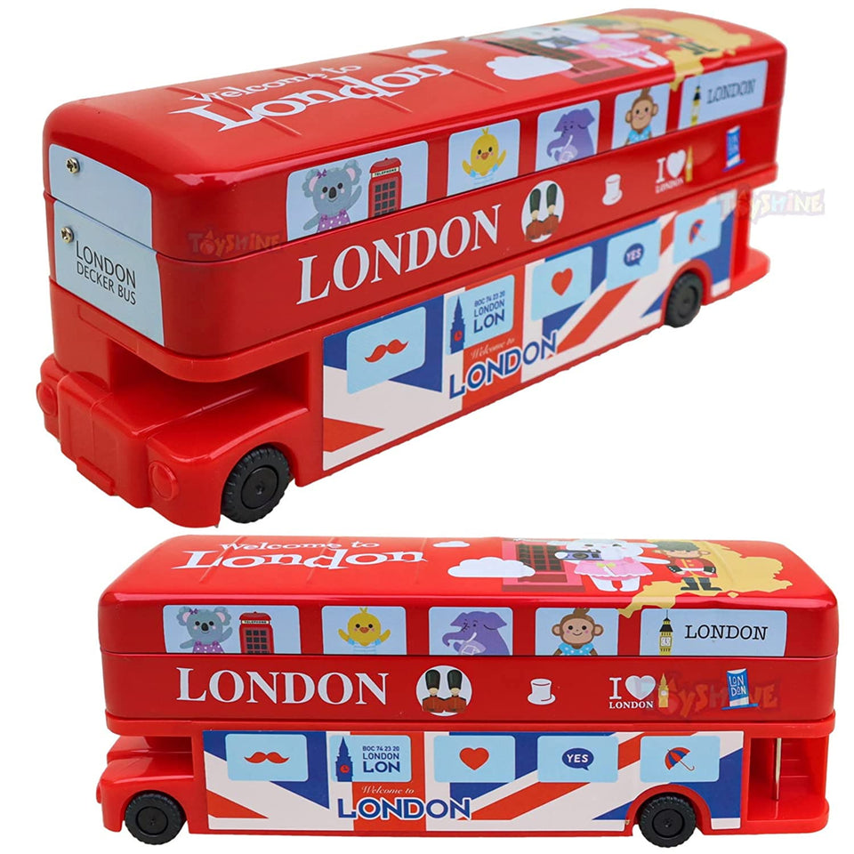 Toyshine Double Decker London Bus Metal Pencil Box with Moving Tyres and Sharpner for Kids - Red