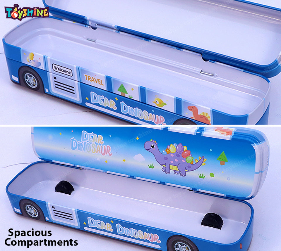 Toyshine Dear Dinosaur Printed Travel Bus Metal Pencil Box Double Comparment - Kids School Supply Organizer Students Stationery Box for Girls Boys