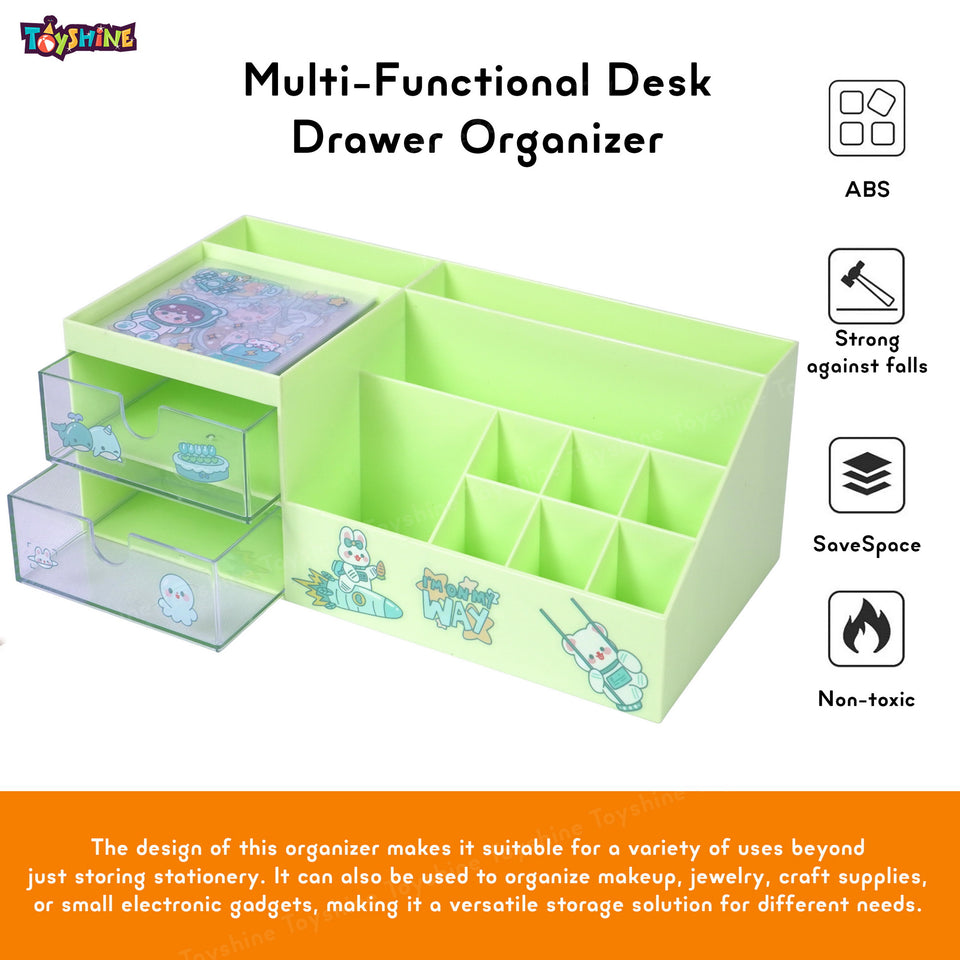 Toyshine Multi-Functional Desk Drawer Organizer Storage Box inbuilt 9 Compartments and 2 Drawers with Kawaii Sticker Sheets - Green
