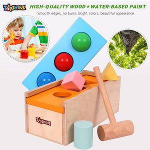 Toyshine Wooden 2 in 1 Wooden Ball Hammer Pound Shape Sorter Toy for Toddlers, 7 Shapes, 3 Balls 1 Hammer Toy Montessori Toys for Baby Boys & Girls Interactive Learning fine Motor Skills Toy- B