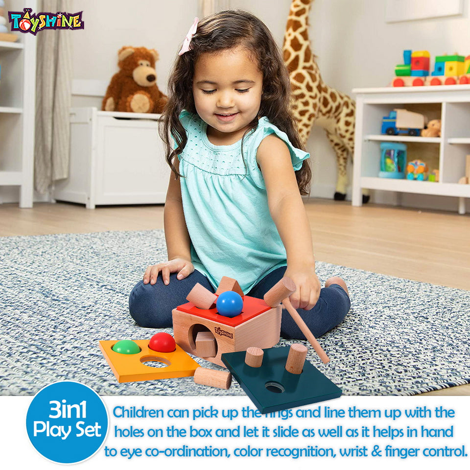 Toyshine Wooden 3 in 1 Wooden Ball Hammer Pound Shape Sorter Toy for Toddlers, 7 Shapes, 3 Balls 1 Hammer Toy Montessori Toys for Baby Boys & Girls Interactive Learning fine Motor Skills Toy