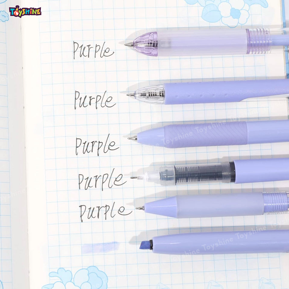 Toyshine 6 pcs Kawaii Click Action 0.5mm Neutral Pens Set High Aesthetic Value Fast Drying Kids Stationery Gift - Purple
