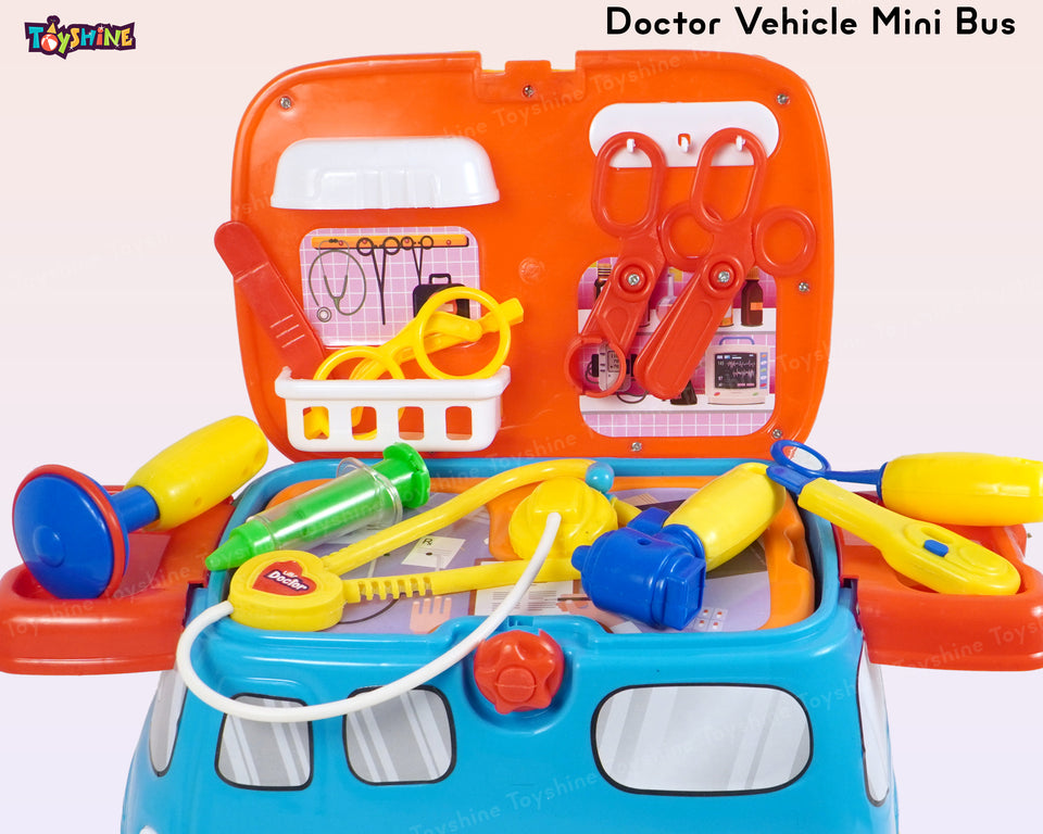 Toyshine 2 in 1 Doctor Vehicle Mini Bus Baby Ride on Cum Doctor Play 16 pc Set for Kids Age 3 +