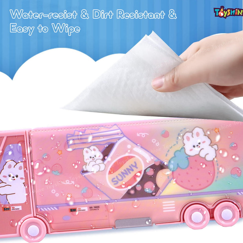 Toyshine Sunny Rabbit Double Compartment Bus Pencil Box with Moving Tyres Button Enabled Storages and Sharpner for Kids - Pink