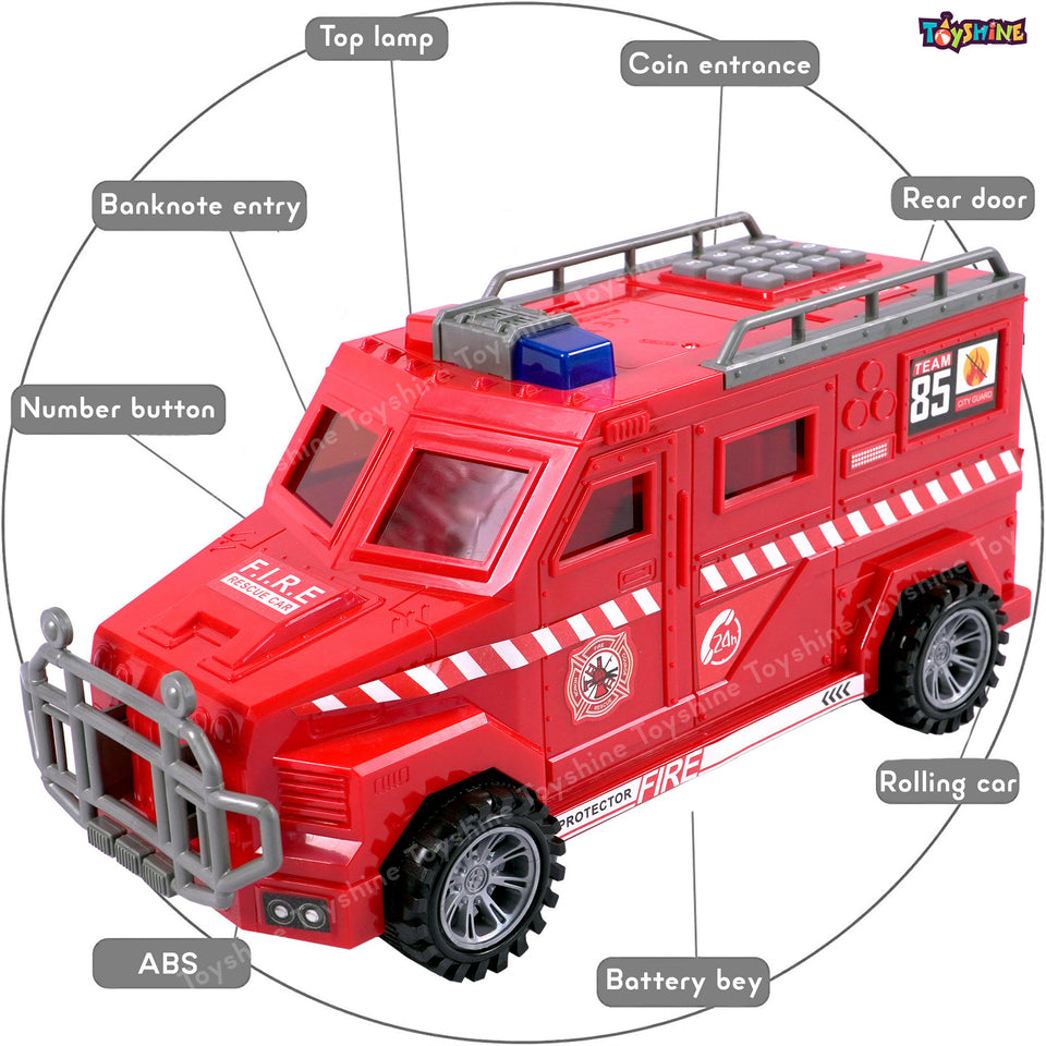 Toyshine Fingerprint Sensor Money Bank Fire Resque Musical Toy Truck with Password Operation Learning Educational Toy with Demo Coins Gifts for Boys Girls