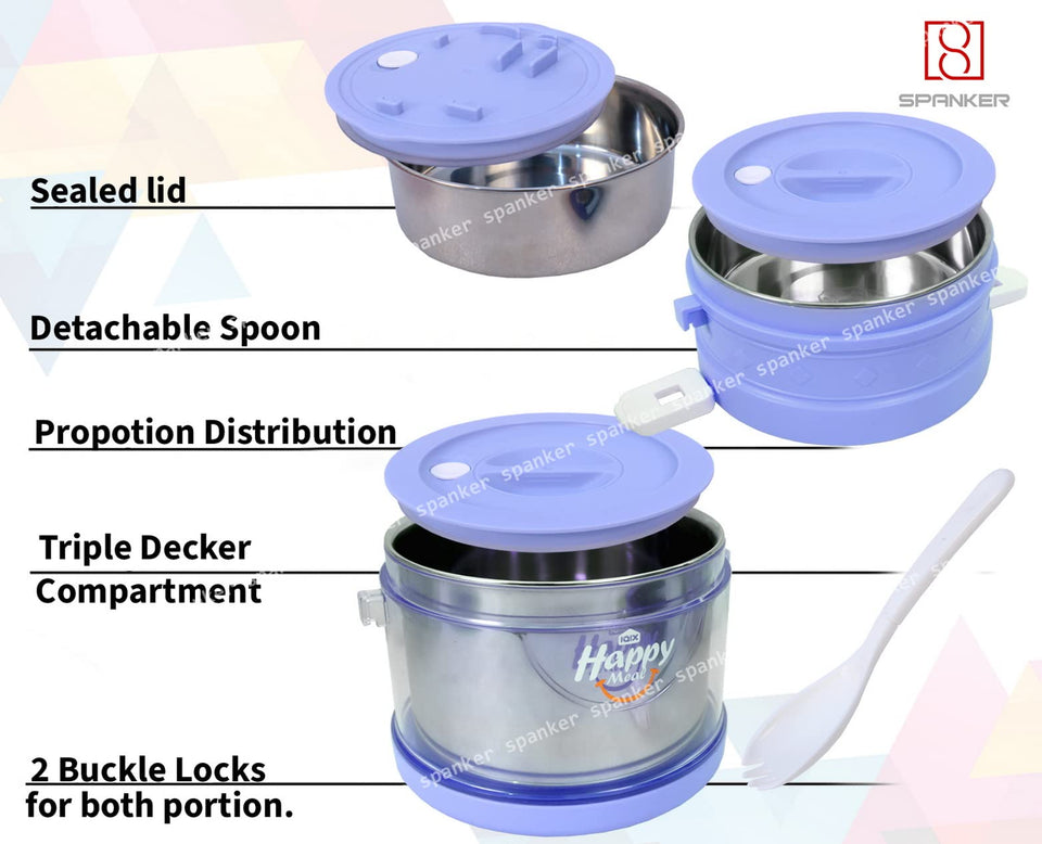 Spanker Tripple Layer Jumbo Lunch Box Thermal Stainless Steel Insulation Box Tableware Set Portable Tiffin Box for Kid Adult Student Children Keep Food - 2100 ML - Purple