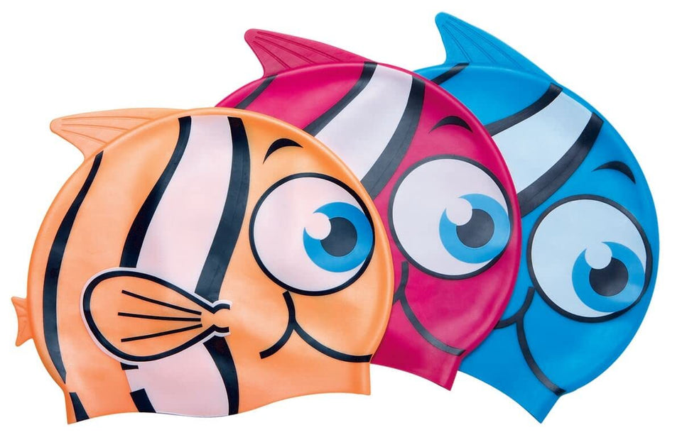 Toyshine Kids Silicone Swim Caps for Girls and Boys, with Fun Fish Print, Water Fun, Pool Party Swimming Headgear Hats - Pink