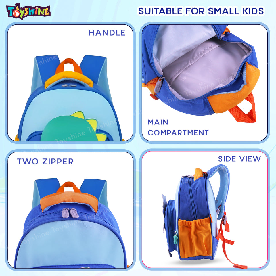 Toyshine 11" Cute Dino Theme Kindergarten Backpack for Kids Girls Boys Toddler Backpack Preschool Nursery Travel Bag Picnic Bag, Mini Size - Blue