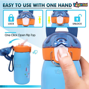 Toyshine Bunny Kids Water Bottle With Straw - Spill Proof Straw Valve, Pop Button, BPA Free Water Bottle for Kids School - Featuring Soft Silicone Handle Grip - Children's Drinkware 400 ML Blue