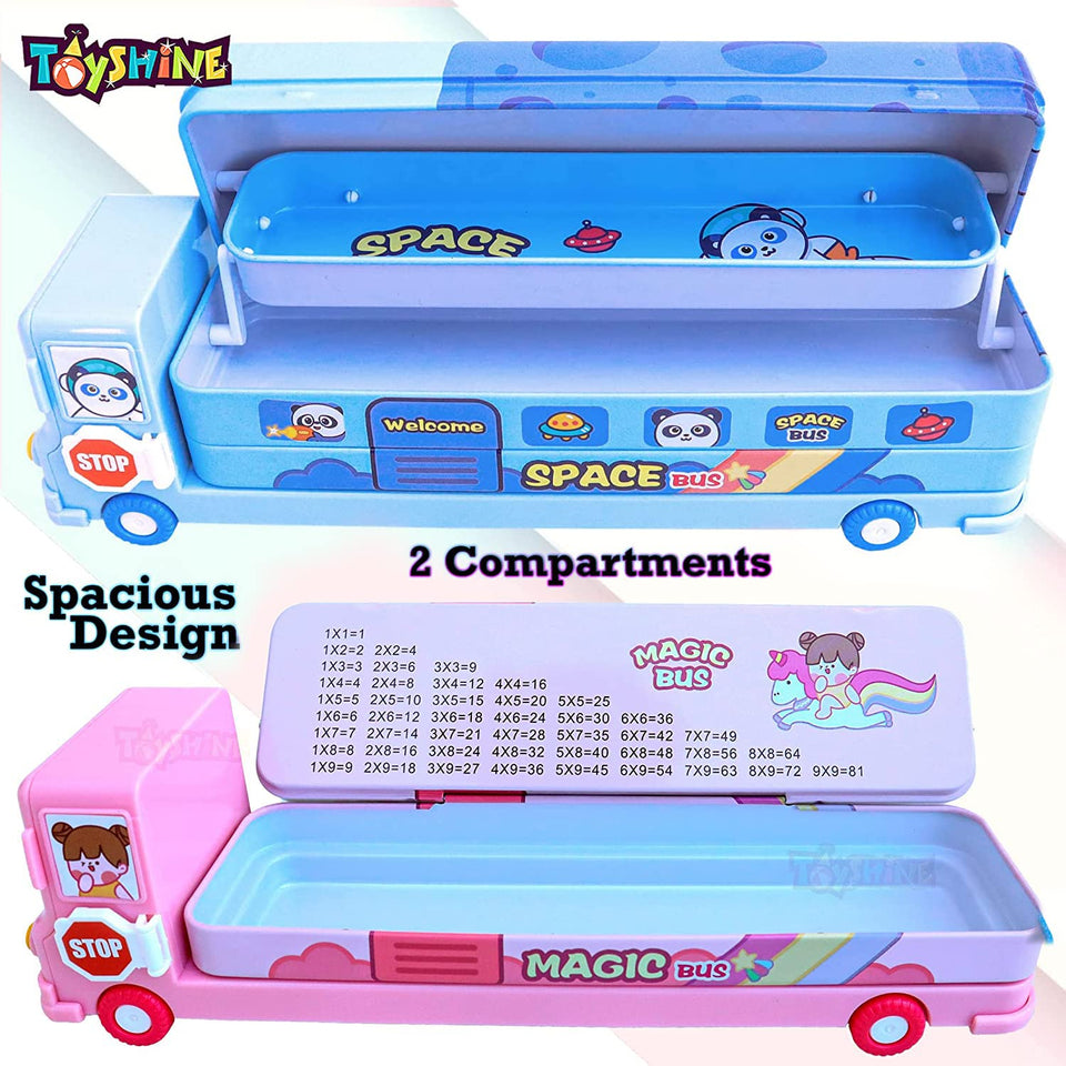 Toyshine Set of 2 Cartoon Printed School Bus Matal Pencil Box with Moving Tyres and Sharpner for Kids - Blue and Pink