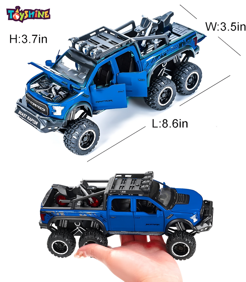 Toyshine 1:28 Scale Die Cast Pickup Truck F150 Raptor Vehicle Toy Car with Music and Lights Along with Pull Back Function, Opening Doors and Back Feature for Kids Boy Girl 3+, Blue