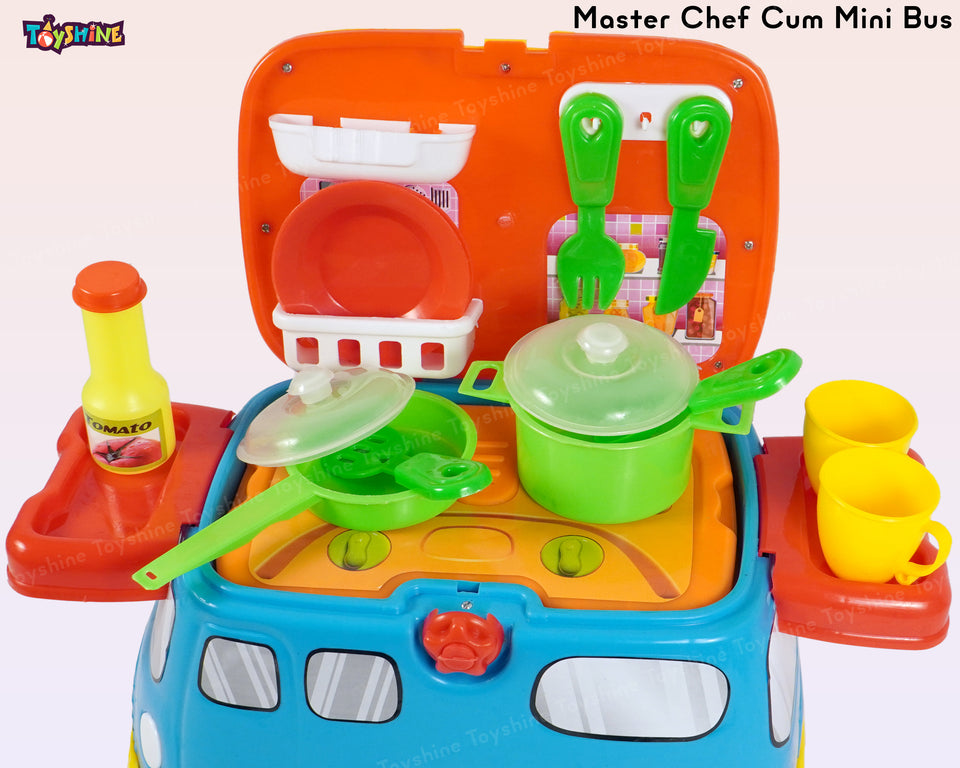 Toyshine 2 in 1 Master Chef Cum Mini Bus Vehicle Play Food Toy Set with Sound for Age 3 +