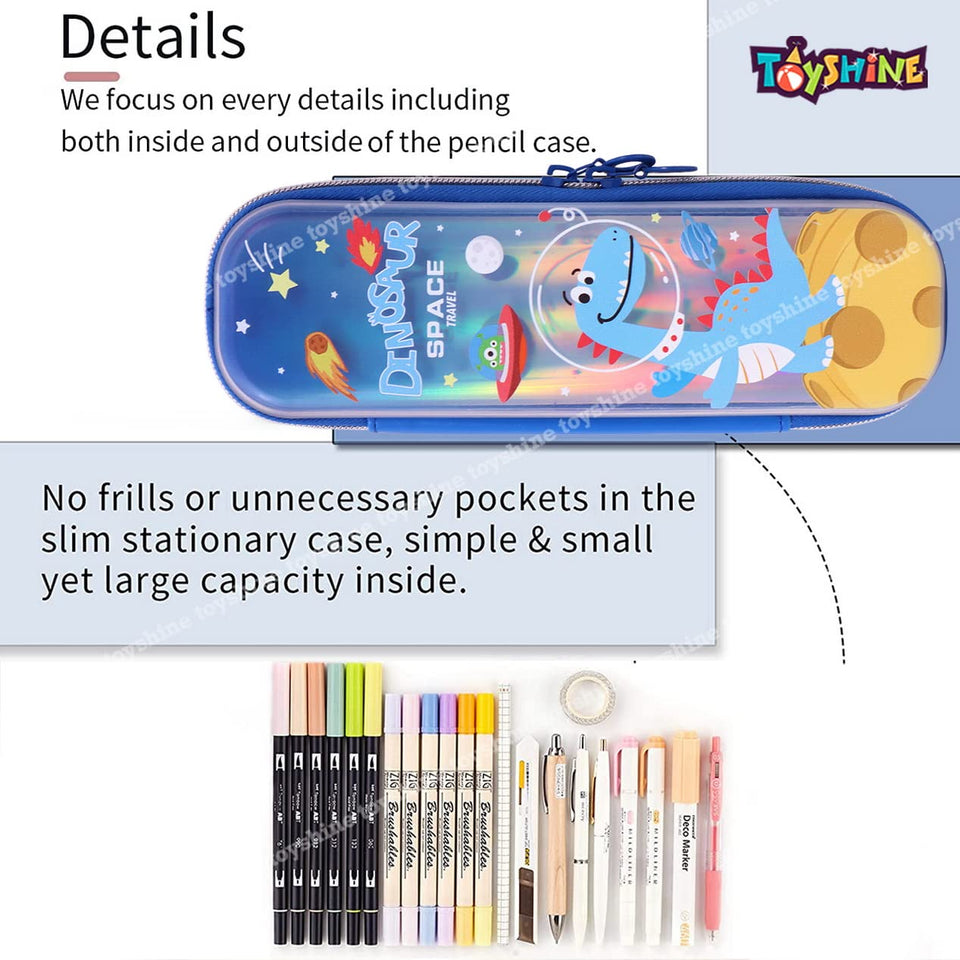 Toyshine Easy Carry Slim Ultra Strong Pencil Case with Multiple Compartments, Kids School Supply Organizer Students Stationery Box Boys Girls Pen Pouch- Dino Blue