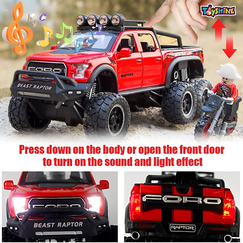 Toyshine 1:28 Scale Die Cast Pickup Truck F150 Raptor Vehicle Toy Car with Music and Lights Along with Pull Back Function, Opening Doors and Back Feature for Kids Boy Girl 3+, Red