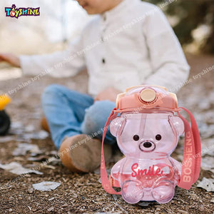 Toyshine Smile Bear 1000 ML Kids Water Bottle With Spill Proof Straw, Pop Button, BPA Free - Featuring Soft Handle Grip and Strap Children's Drinkware, Pink B