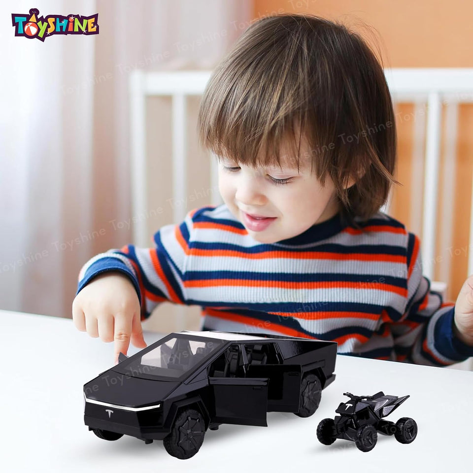 Toyshine1:24 Scale Die Cast Musical Cybartruck Pick-Up Truck with a Motorcycle Along with Pull Back Function Opening Doors and Back Feature for Kids Boy Girl 3+ (Black)