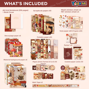 Toyshine Scrapbooking Vintage Collection Mushroom Chronology Gift Box Set of 125pcs Aesthetic Journaling Kit, Scrapbook Kit with Stickers, Washi Tapes, Art Craft Gift for Kids Boys Girls Teens - Red