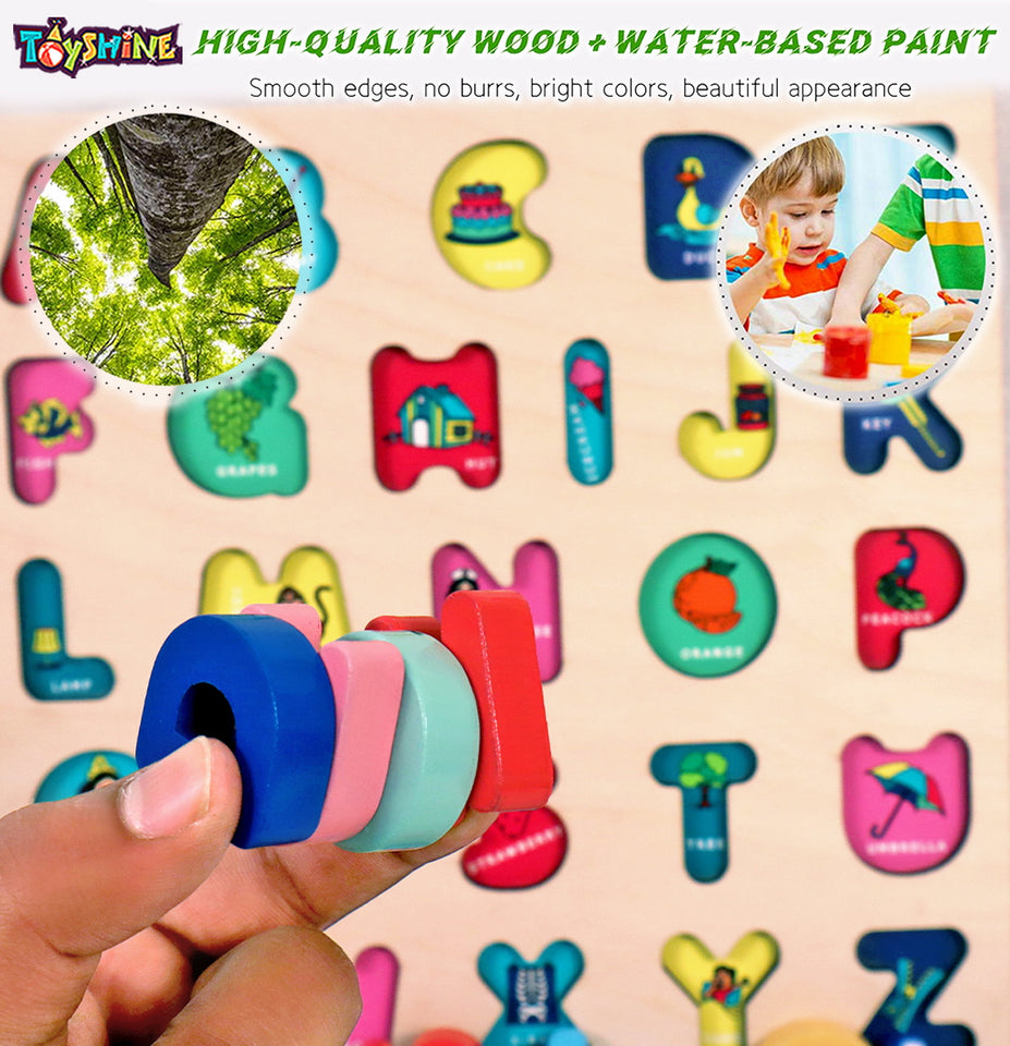 Toyshine Combo Pack of 4 Wooden Toddler Puzzles | 123, Capital ABC, Small ABC and Shape Puzzle | Kids Educational Preschool Puzzles for Children Boys Girls
