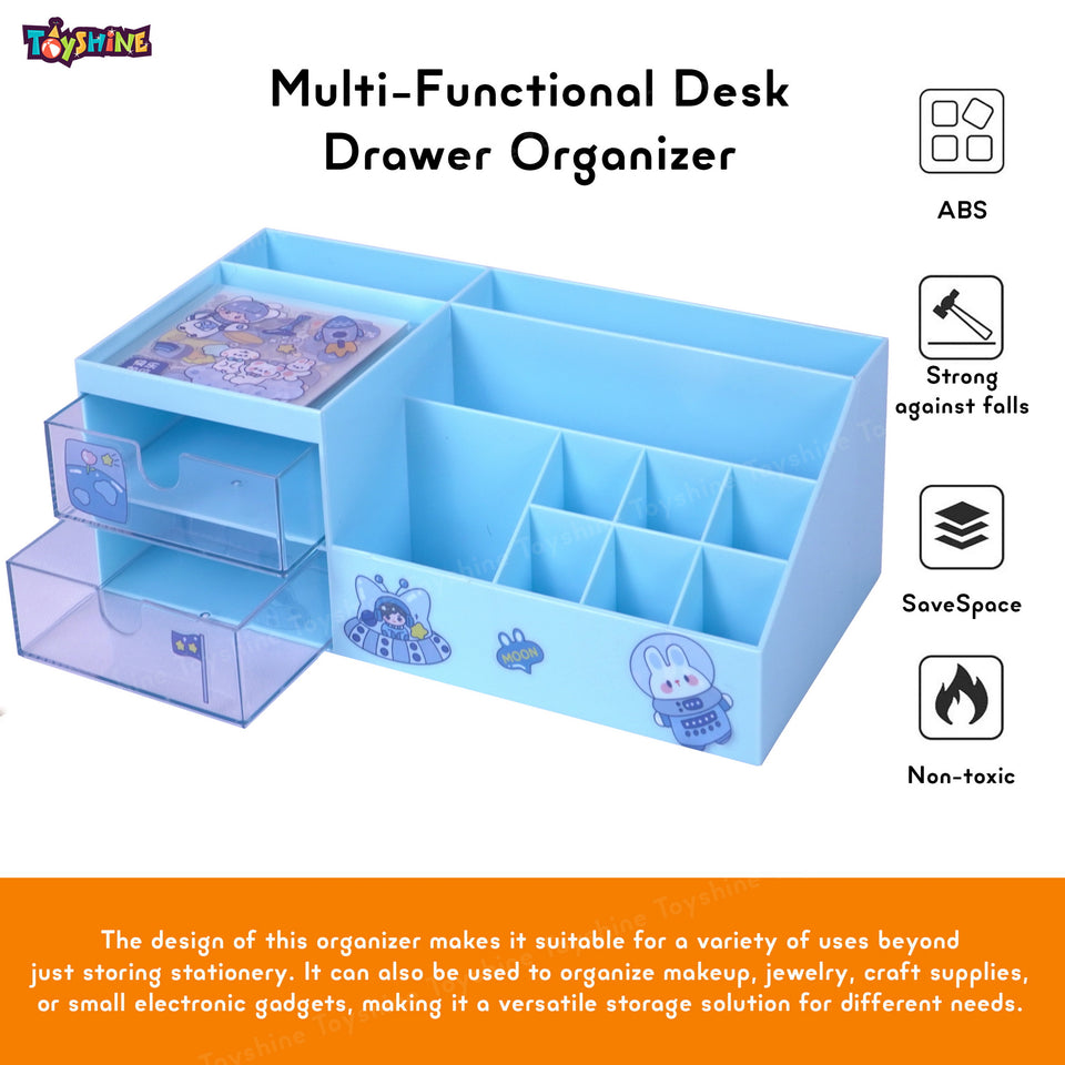 Toyshine Multi-Functional Desk Drawer Organizer Storage Box inbuilt 9 Compartments and 2 Drawers with Kawaii Sticker Sheets - Blue