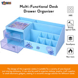 Toyshine Multi-Functional Desk Drawer Organizer Storage Box inbuilt 9 Compartments and 2 Drawers with Kawaii Sticker Sheets - Blue