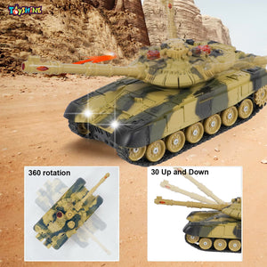 Toyshine 1:18 Scale 4 Channel 27 mhz Rechargeable Remote Control Battle Tank Military Fighting War Vehicles Great Gift for Kids 3+, Brown