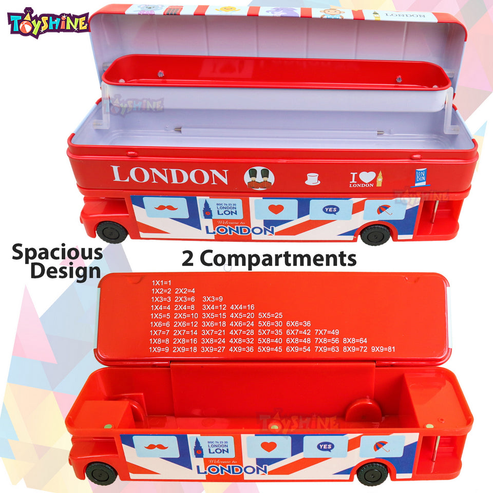Toyshine Combo Pack of 12 Double Decker London Bus Metal Pencil Box with Moving Tyres and Sharpner | Birthday Return Gift Party Favor for Kids - Red