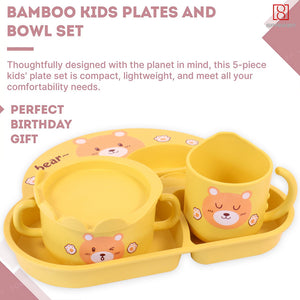 Spanker 7 Piece Mealtime Bamboo Dinnerware for Kids Toddler, Plate and Bowl Set Eco Friendly Dishwasher Safe Great Gift for Birthday - Bubu Bear (Yellow)