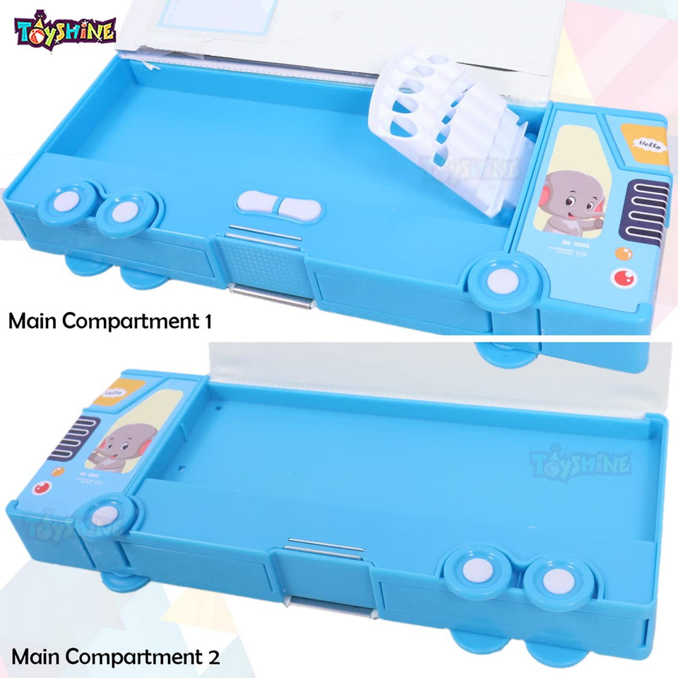 Toyshine Double Compartment Bus Pencil Box With MovNluing Tyres, Button Enabled Storages and Sharpner For Kids - Blue