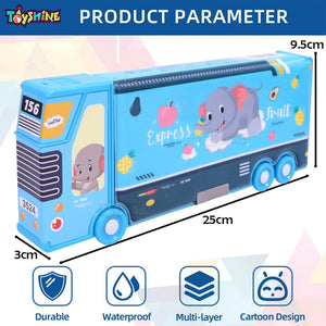 Toyshine Double Compartment Bus Pencil Box With MovNluing Tyres, Button Enabled Storages and Sharpner For Kids - Blue