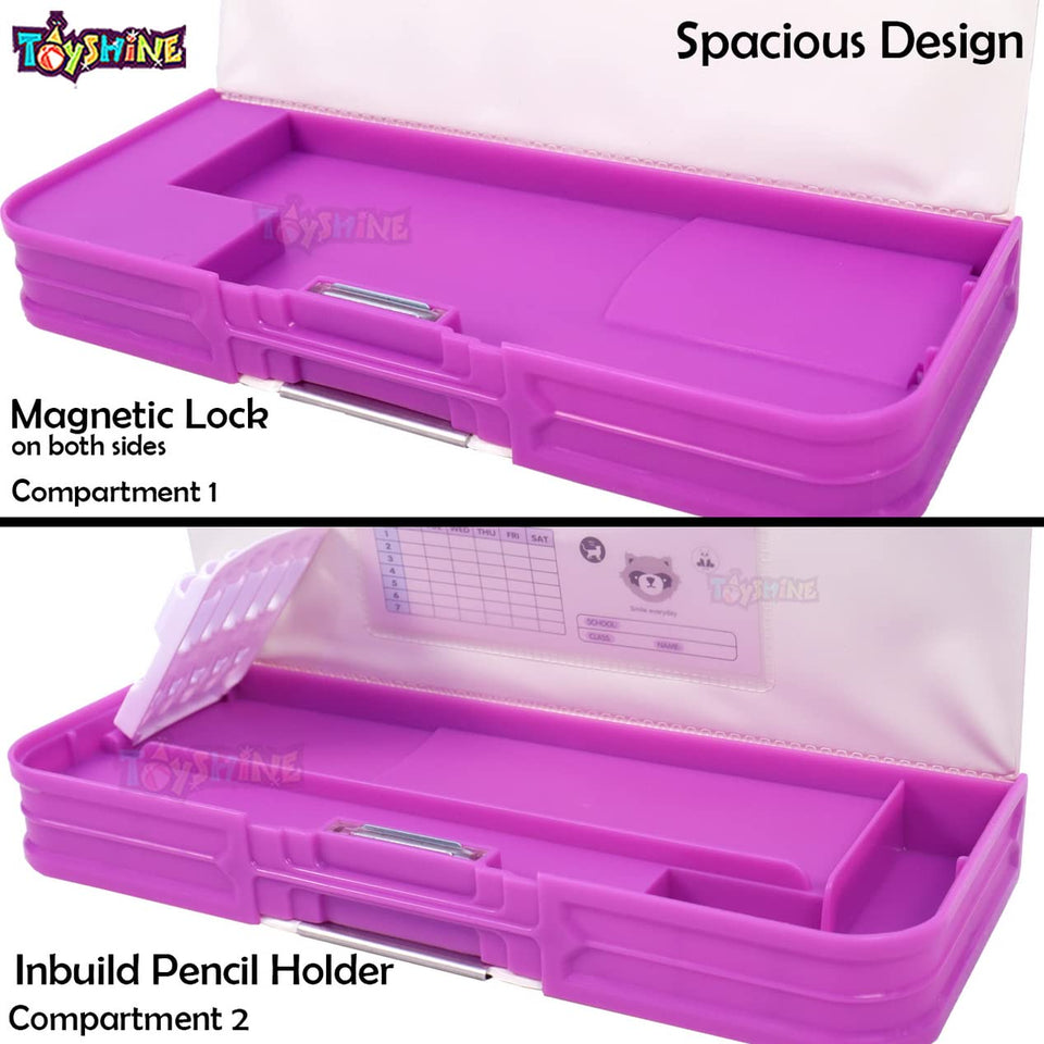 Toyshine Double Compartment Glitters Star Shine Pencil Box for Kids with Sharpener - Unicorn Purple