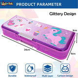 Toyshine Double Compartment Glitters Star Shine Pencil Box for Kids with Sharpener - Unicorn Purple