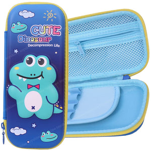 Toyshine Cute Dino Hardtop Pencil Case with Multiple Compartments - Kids School Supply Organizer Students Stationery Box - Girls Pen Pouch- Blue