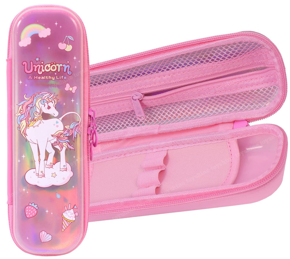 Toyshine Easy Carry Slim Ultra Strong Pencil Case with Multiple Compartments, Kids School Supply Organizer Students Stationery Box Boys Girls Pen Pouch- Unicorn Pink