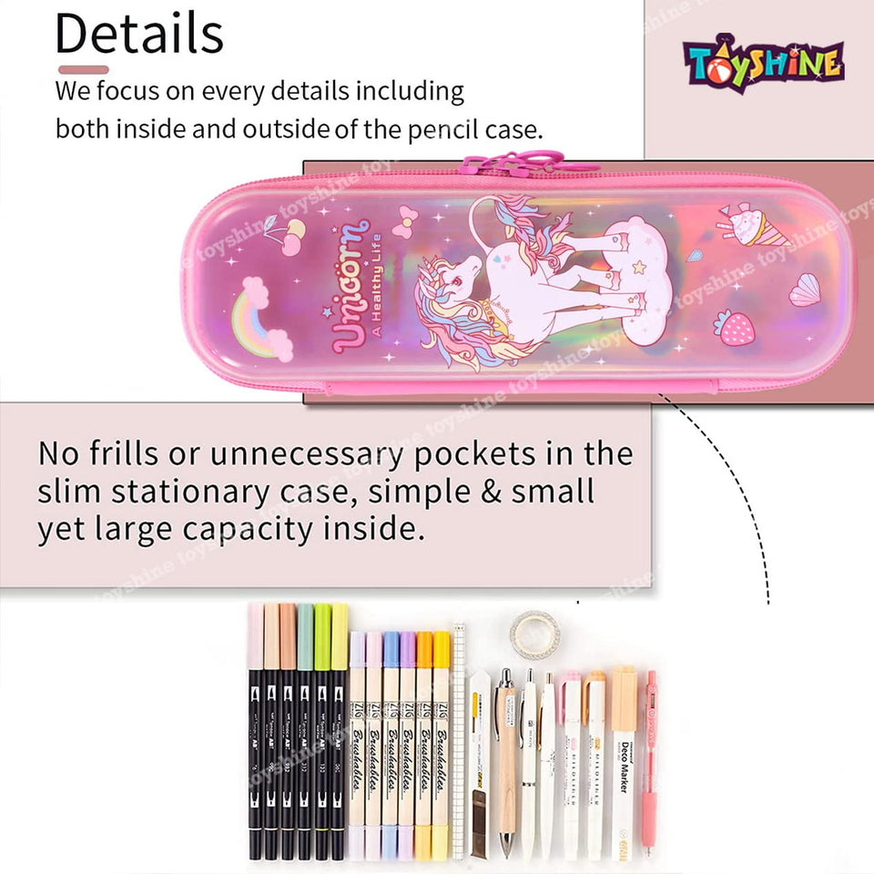 Toyshine Easy Carry Slim Ultra Strong Pencil Case with Multiple Compartments, Kids School Supply Organizer Students Stationery Box Boys Girls Pen Pouch- Unicorn Pink