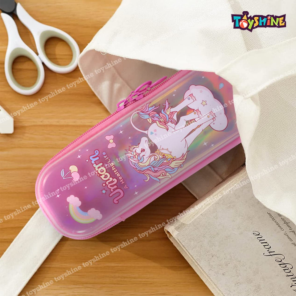 Toyshine Easy Carry Slim Ultra Strong Pencil Case with Multiple Compartments, Kids School Supply Organizer Students Stationery Box Boys Girls Pen Pouch- Unicorn Pink