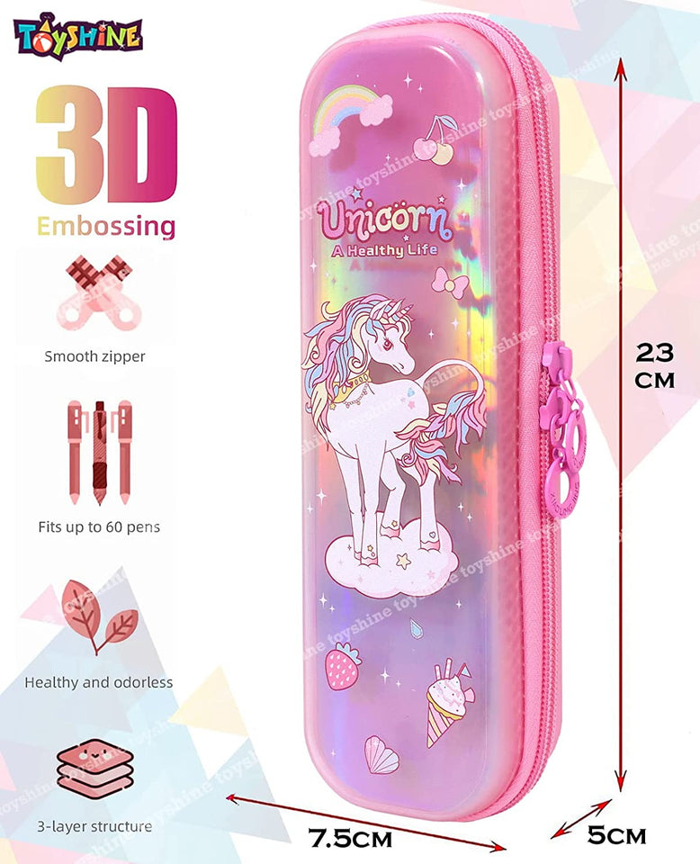 Toyshine Easy Carry Slim Ultra Strong Pencil Case with Multiple Compartments, Kids School Supply Organizer Students Stationery Box Boys Girls Pen Pouch- Unicorn Pink
