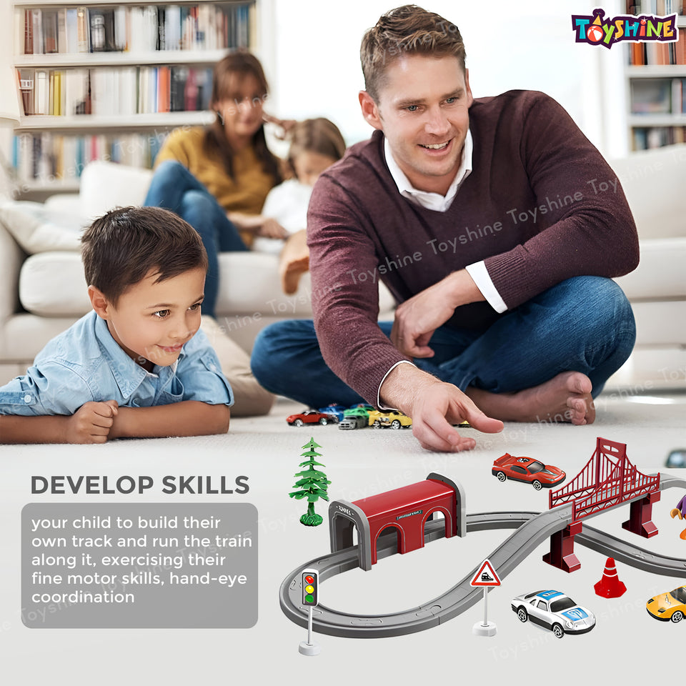 Toyshine DIY 80 Pcs Battery Operated Remote Control City Electric Train with Track Set Fun Educational Intellectual Development Gift for Kids Boys Girls 3+