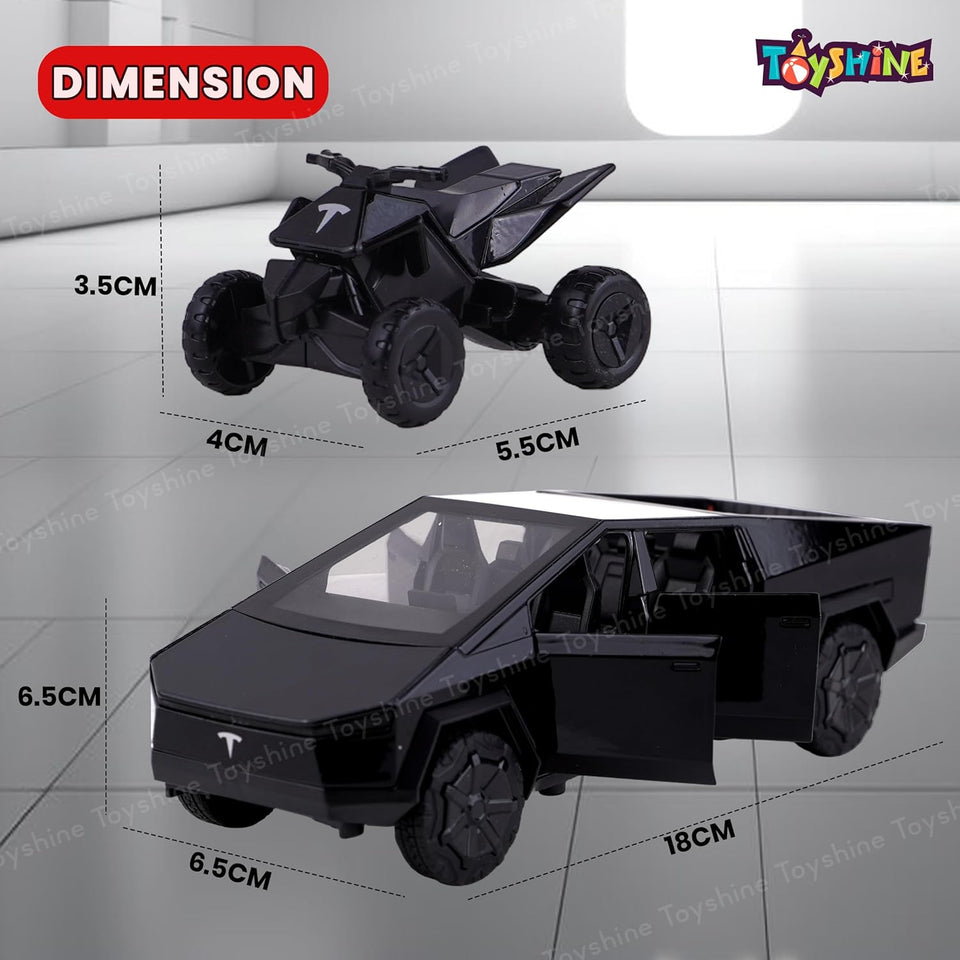 Toyshine1:24 Scale Die Cast Musical Cybartruck Pick-Up Truck with a Motorcycle Along with Pull Back Function Opening Doors and Back Feature for Kids Boy Girl 3+ (Black)