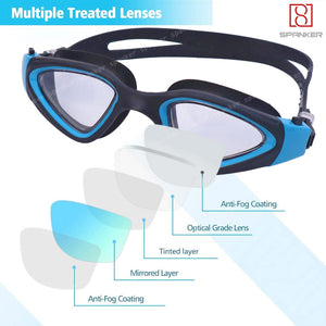 Spanker Ultra Design Anti Fog No Leaking UV Protection Wide View Swim Goggles For Women Men Adult,Blue-Black SSTP