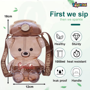 Toyshine Smile Bear 1000 ML Kids Water Bottle With Spill Proof Straw, Pop Button, BPA Free - Featuring Soft Handle Grip and Strap Children's Drinkware, Brown