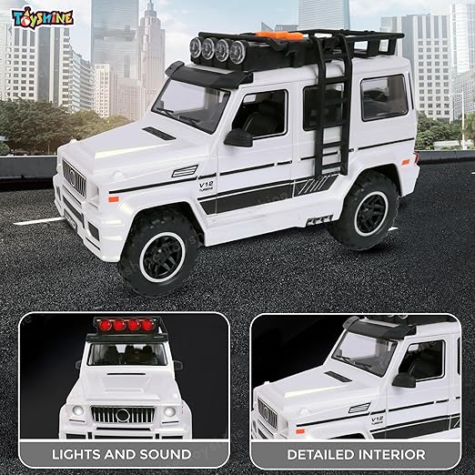 Toyshine 24 * 10cm Friction Powered Jeep with Music and Lights Smooth Push and Go Pretend Play Toy Car inbuilt with Doors Openable Feature Great Gift for Children Boys Girls- White