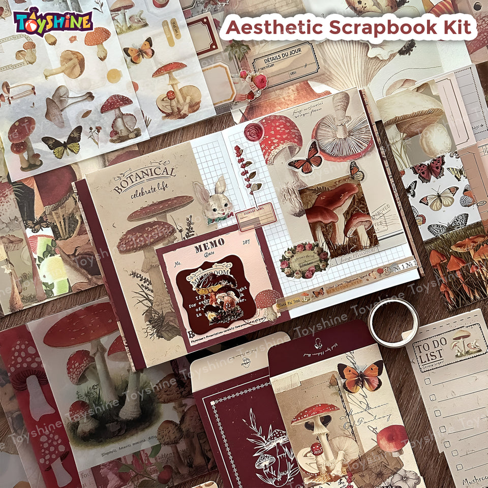 Toyshine Scrapbooking Vintage Collection Mushroom Chronology Gift Box Set of 125pcs Aesthetic Journaling Kit, Scrapbook Kit with Stickers, Washi Tapes, Art Craft Gift for Kids Boys Girls Teens - Red